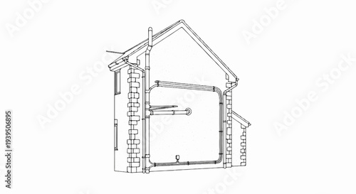 Cross-section view of a building showing internal pipework and drainage systems