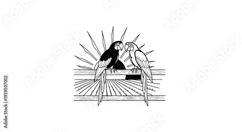 Two parrots perch on a wooden fence with a sunburst behind them