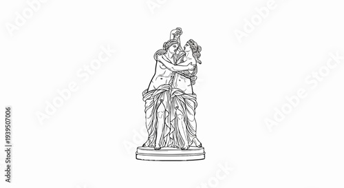 Classical sculpture of two entwined draped figures embracing passionately