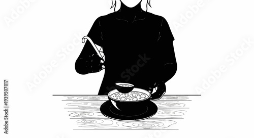 Silhouette of person serving a bowl of food on a wooden table