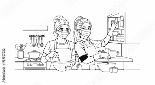 Two women wearing masks and aprons prepare food in a kitchen