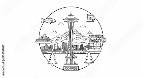 Circular illustration of city skyline, mountain, tower, ferry, fish, coffee, and market