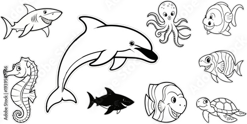 Cartoon ocean creatures dolphin, sharks, seahorse, octopus, fish, turtle