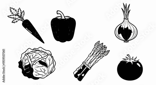 Six distinct vegetables depicted in a graphic illustration, with varied shading