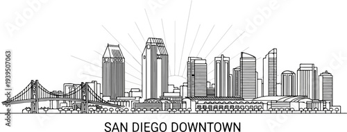 City skyline with bridge and sunburst in a line drawing