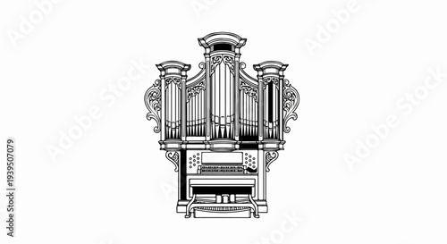 Ornate pipe organ with intricate carvings and a keyboard