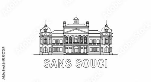 Ornate, symmetrical neoclassical building with domed towers, grand entrance, and text below