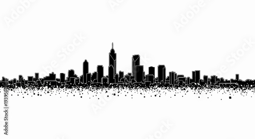 Black silhouette of a dense city skyline dissolving into scattered squares