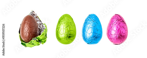 Photography Chocolate easter eggs wrapped in colorful foil, one unwrapped collection banner