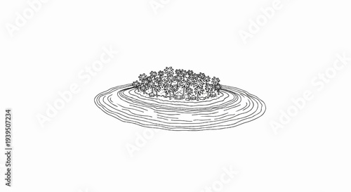 Black and white drawing of a tropical island with palm trees and huts surrounded by water