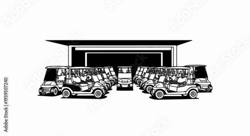 Row of parked golf carts under a shelter