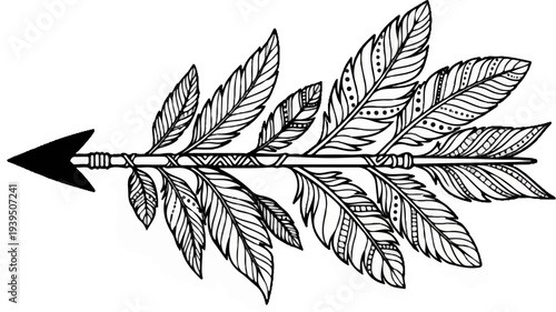 Arrow with ornate feathers attached along the shaft, in a stylized design
