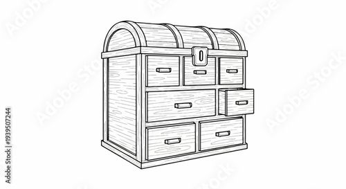 Arched top wooden chest with multiple drawers and a central lock