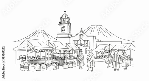 Andean village market scene with church and volcanoes in background