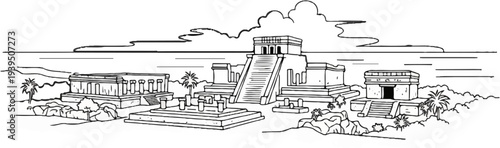 Ancient stone structures with pyramids and columns under a cloudy sky