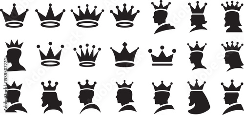 Crown king silhouette mega icon set