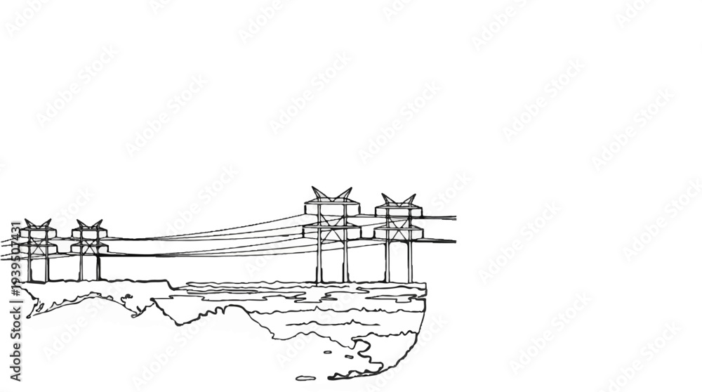 Obraz premium Sketch of power pylons and wires spanning across a body of water with landmass