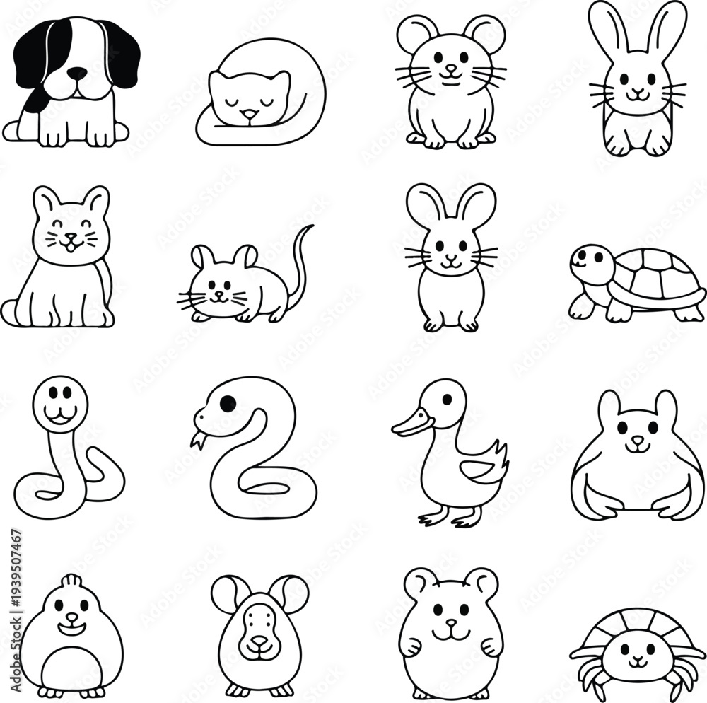Obraz premium Cute Animal Outline Icon Set, Simple Line Pet and Small Animal Icons Collection, Minimal Black Line Vector EPS
