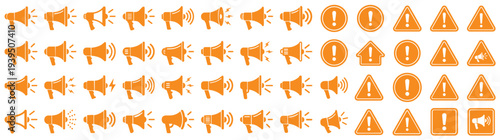 Large collection of orange megaphone bullhorn and notification alert icons for marketing announcement and digital communication isolated on white background vector illustration set
