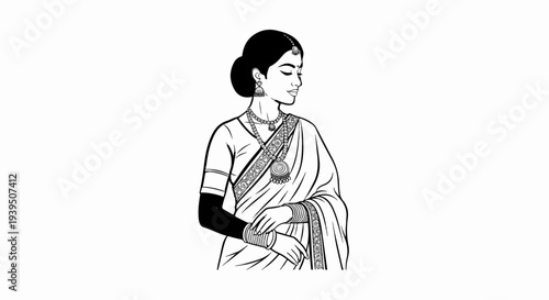 Sketch of a woman in traditional Indian attire with intricate jewelry