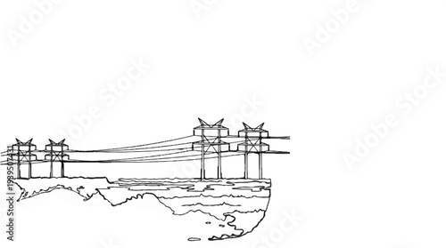 Sketch of power pylons and wires spanning across a body of water with landmass