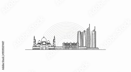 Sketchy skyline featuring a mosque, grand building, and modern skyscrapers under arches