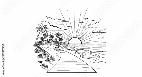 A winding boardwalk leads to a tropical beach with palm trees and small huts at sunrise