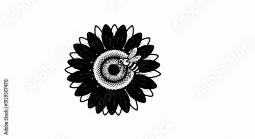 Stylized black and white illustration of a bee on a sunflower