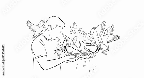 A person's hands hold grain, attracting many pigeons to eat