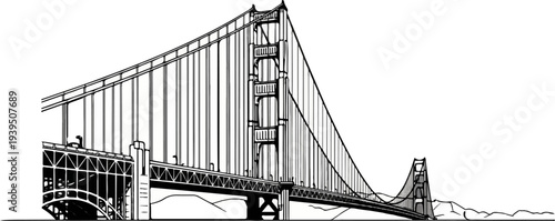 A monochrome line art drawing of a suspension bridge spanning across hills