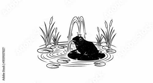 A black frog with a crown sits in a pond with a fountain