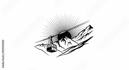 A cable car ascends a mountain beneath a radiant sunburst