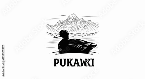 A black duck swims on rippling water before majestic mountains