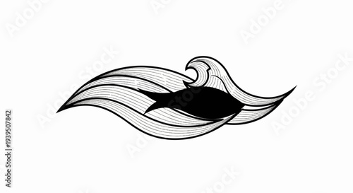 A black fish swims through stylized lines representing waves