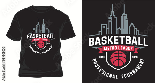 Basketball metro league professional tournament t-shirt design with city skyline and ball emblem