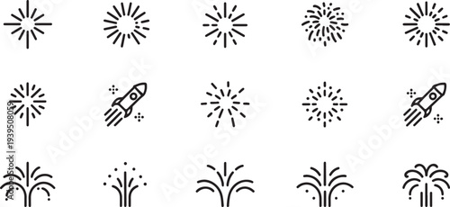 Firework simple black line icons isolated on transparent background silhouette icon set
