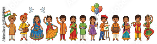 Large collection of diverse Indian children and characters in traditional ethnic outfits celebrating culture with flags balloons and musical instruments isolated on white background vector illustratio