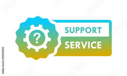 Support service banner design featuring a gear icon with a question mark on a gradient badge, representing technical assistance, customer help desk, and maintenance solutions.