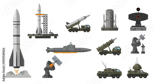 Military Missile Defense System Vector Illustration - Ballistic Rocket Launch, Radar Station, Submarine, and Army Soldiers Icons Set