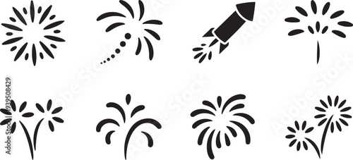 Firework simple black line icons isolated on transparent background silhouette icon set