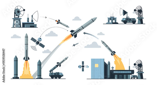 Anti-Missile Defense System Infographic with Radar, Satellite Detection, and Rocket Interceptors