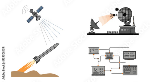Ballistic Missile Defense System Icons Set with Satellite Tracking, Radar Station, and Command Control Center