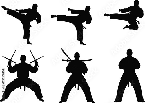 Martial arts karate fighter silhouettes set high kick jump kick ninja weapons combat poses training sport black vector illustration collection
