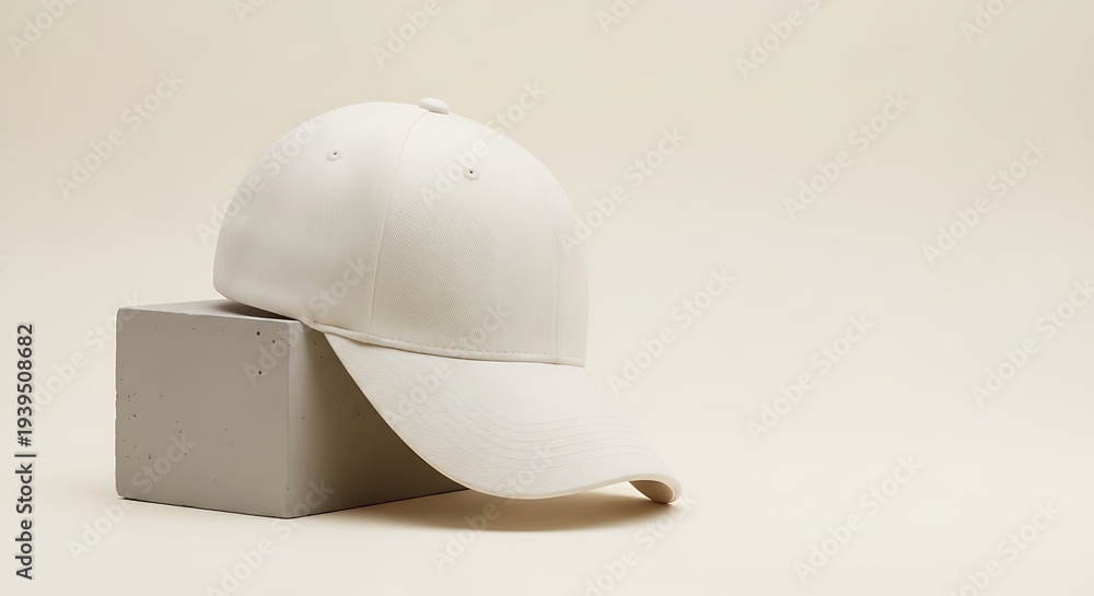 Fototapeta premium Minimalist White Baseball Cap on a Gray Cube Against a Neutral Background.