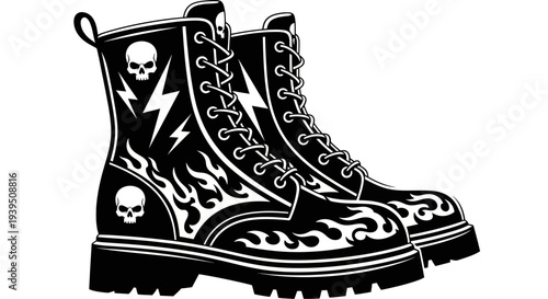 Edgy Black Combat Boots with Skulls, Flames, and Lightning Bolts