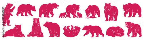 Magenta pink bear silhouettes in various poses including walking standing sitting and mother with cubs for wildlife design isolated on white background vector illustration set