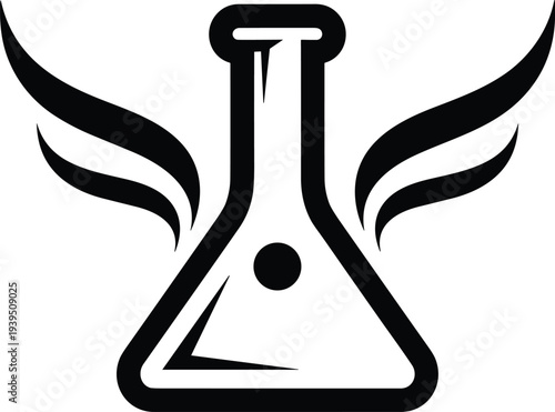 Laboratory flask with wings illustration vector science innovation creativity design graphics, flying chemistry concept, black and white creative art collection