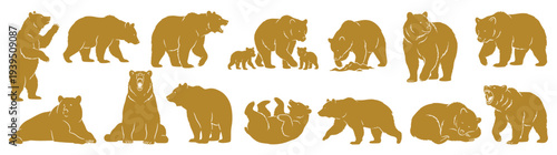Golden grizzly bear silhouettes in various poses including walking standing sitting and mother with cubs for wildlife design isolated on white background vector illustration set
