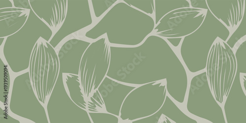 Seamless Pattern with Abstract Leaves and Organic Shapes in Sage Green.