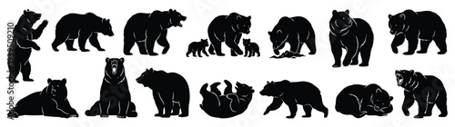 Large set of black bear silhouettes in various poses including walking standing sitting and mother with cubs for nature and wildlife design isolated on white background vector illustration
